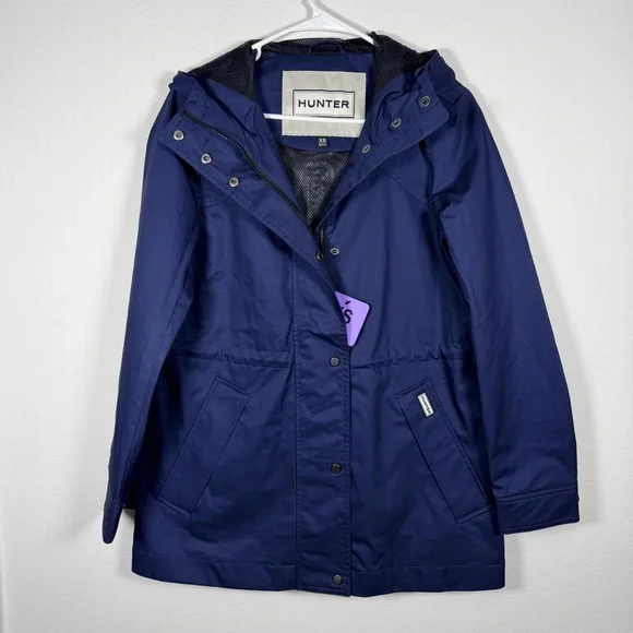 Hunter Cotton Smock Jacket Navy Water Resistant Hooded Women’s XS Mid-Length - Picture 2 of 10